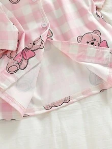 女童粉白格子蝴蝶结小熊印花翻领短袖短裤套装，阻燃家居服 - 粉色 - 查看 7
