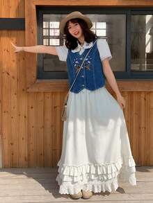 FRIFUL 女士花卉刺绣单排扣休闲牛仔背心外套 - 藍色 - 查看 2