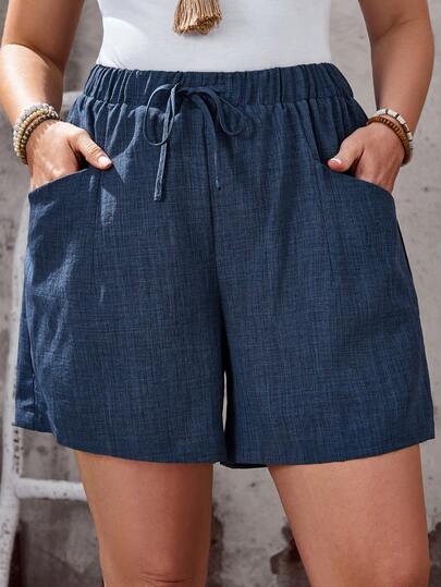 EMERY ROSE Plus Size Women's Summer Casual Vacation Country Solid Color  Navy Blue Shorts With Pockets,, Summer Holiday,Spring Break Outfits ,Vacation Outfits Women ,Holiday Outfits For Women,Spring Dress Women,Going Out Outfits,2026 New Clothes,Simple And Fashionable For Everyday Wear,Casual Vacation Boho Shorts,Loose Boho Bermuda Shorts