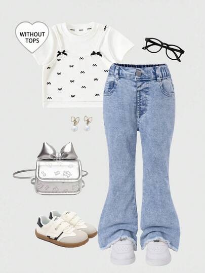 SHEIN Young Girls' Distressed Skinny Fit Elastic Denim Jeans, Casual Washed Light Blue