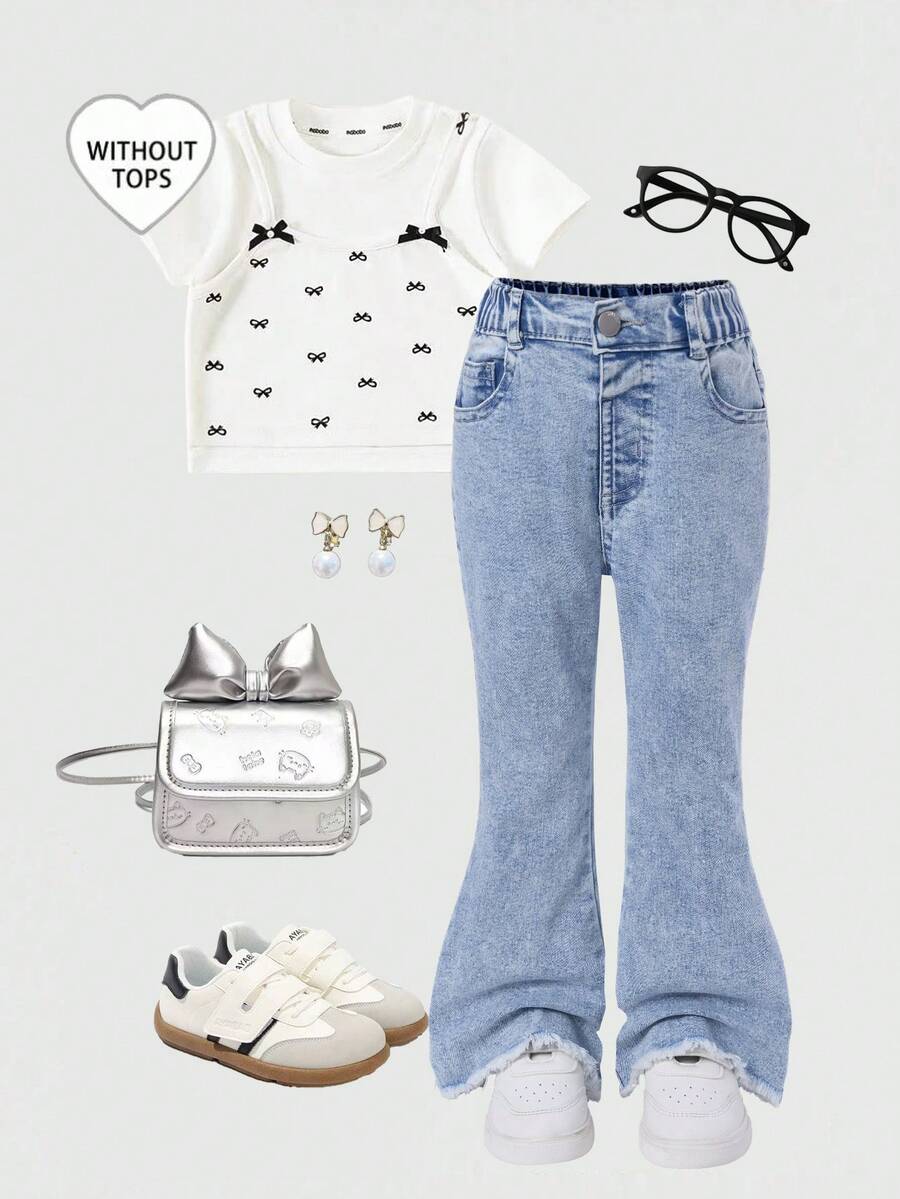 SHEIN Young Girls' Distressed Skinny Fit Elastic Denim Jeans, Casual Washed Light Blue - Light Wash - View 1