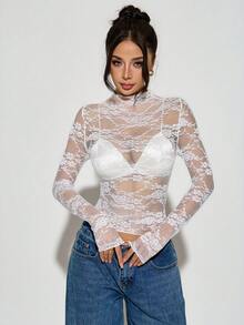 SHEIN PETITE 2pcs Pair Women Lace & Mesh Long Sleeve Sexy Top, 2 Pieces Set See Through Top Women Sexy Tops - Multicolor - View 11