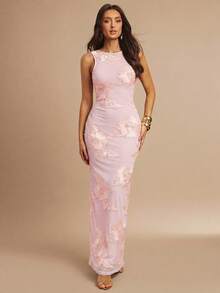 Silquee Đầm ôm sát gợi cảm tối giản họa tiết hoa 3D, không tay. - Màu Hồng  San hô - Xem 5