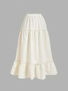 SHEIN MOD Chân váy nữ màu trơn, cạp chun, viền bèo nhún, kiểu dáng thường ngày, mùa xuân/hè, trang phục lễ hội cho nữ, thanh lịch, ngày lễ, lễ hội âm nhạc, phong cách du mục, phong cách đồng quê, phong cách Boho, tiệc tối cho nữ, sinh nhật, sang trọng, chân váy dự tiệc trà, phong cách Bohemian, chân váy dự tiệc trà - Màu be - Xem 4