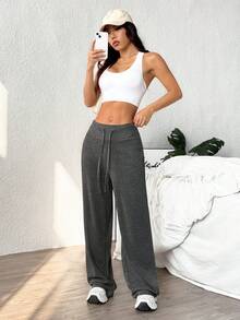 Easithlete Women Casual Drawstring Waist Loose Wide Leg Sports Pants - Dark Grey - View 3