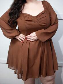 Truni Plus Tie Back Lantern Sleeve Ruched Bust Dress,Corset Dress For Women, For Pear & Triangle Body Shape - Chocolate Brown - View 5