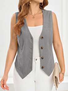 EMERY ROSE 大码纯色极简无袖西装外套 - 灰色 - 查看 3