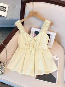 Franclia 女士系带蝴蝶结腰部宽肩带宽松吊带背心娃娃衫夏季上衣可爱夏季上衣外出休闲女式衬衫派对上衣度假女式浅黄色上衣娃娃衫女式上衣牛仔上衣 - 杏色 - 查看 4