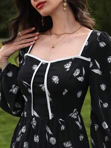 Modelyn 女士梭织印花褶裥长袖方领中长连衣裙 - 黑色 - 查看 7