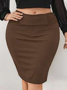 Firerie Plus Size Women Elegant Solid Color Pleated Bodycon Skirt - Khaki - View 4