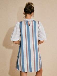 Poéselle Women's Frill Collar Patchwork Hollow Out Embroidery Puff Sleeve Striped Casual Dress - Blue and White - View 7