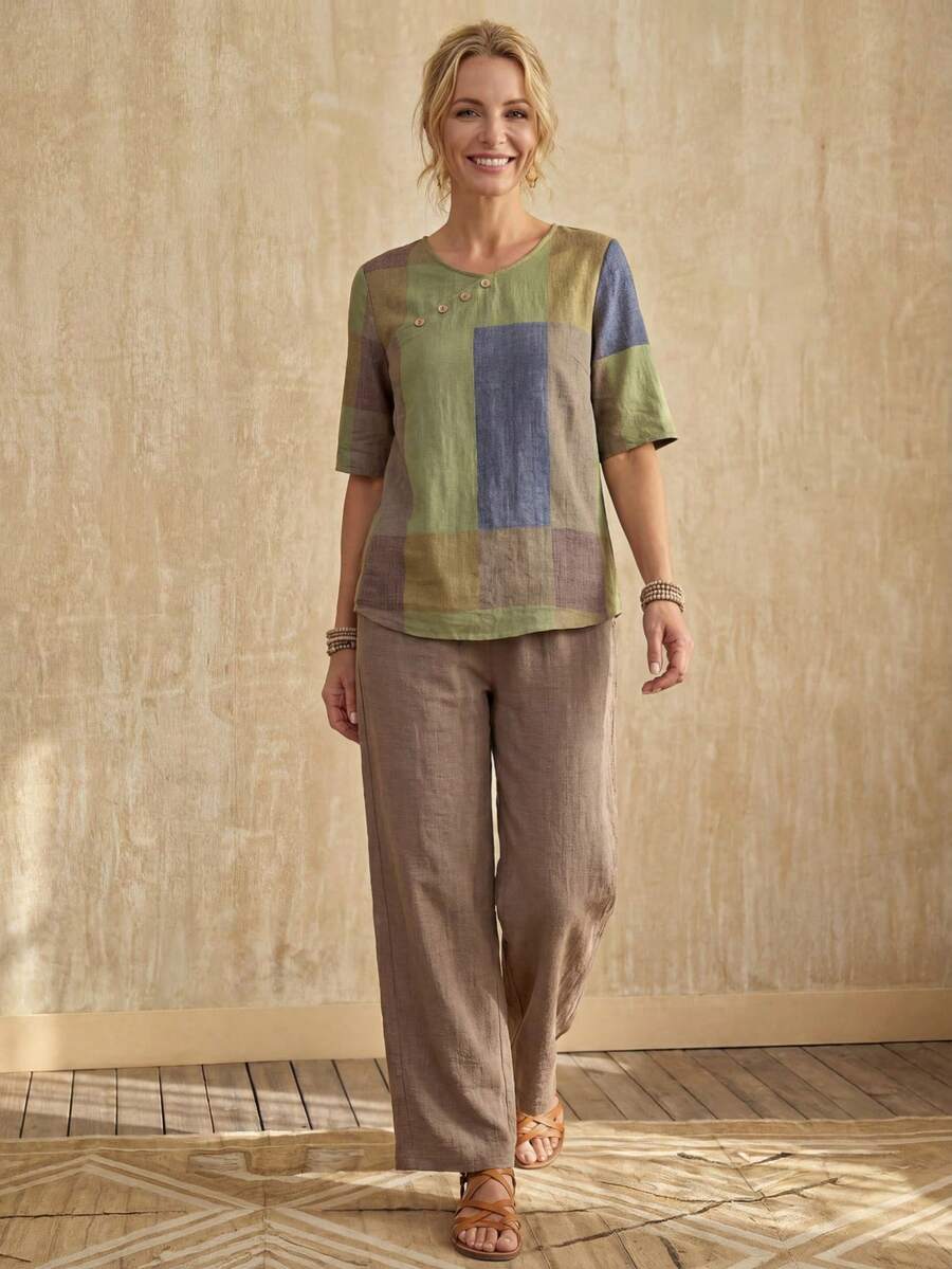 Faunlyn 2pcs/Set Women Summer Contrast Color Button Design Round Neck Sleeveless Top And Shorts Casual Outfit - Khaki - View 1