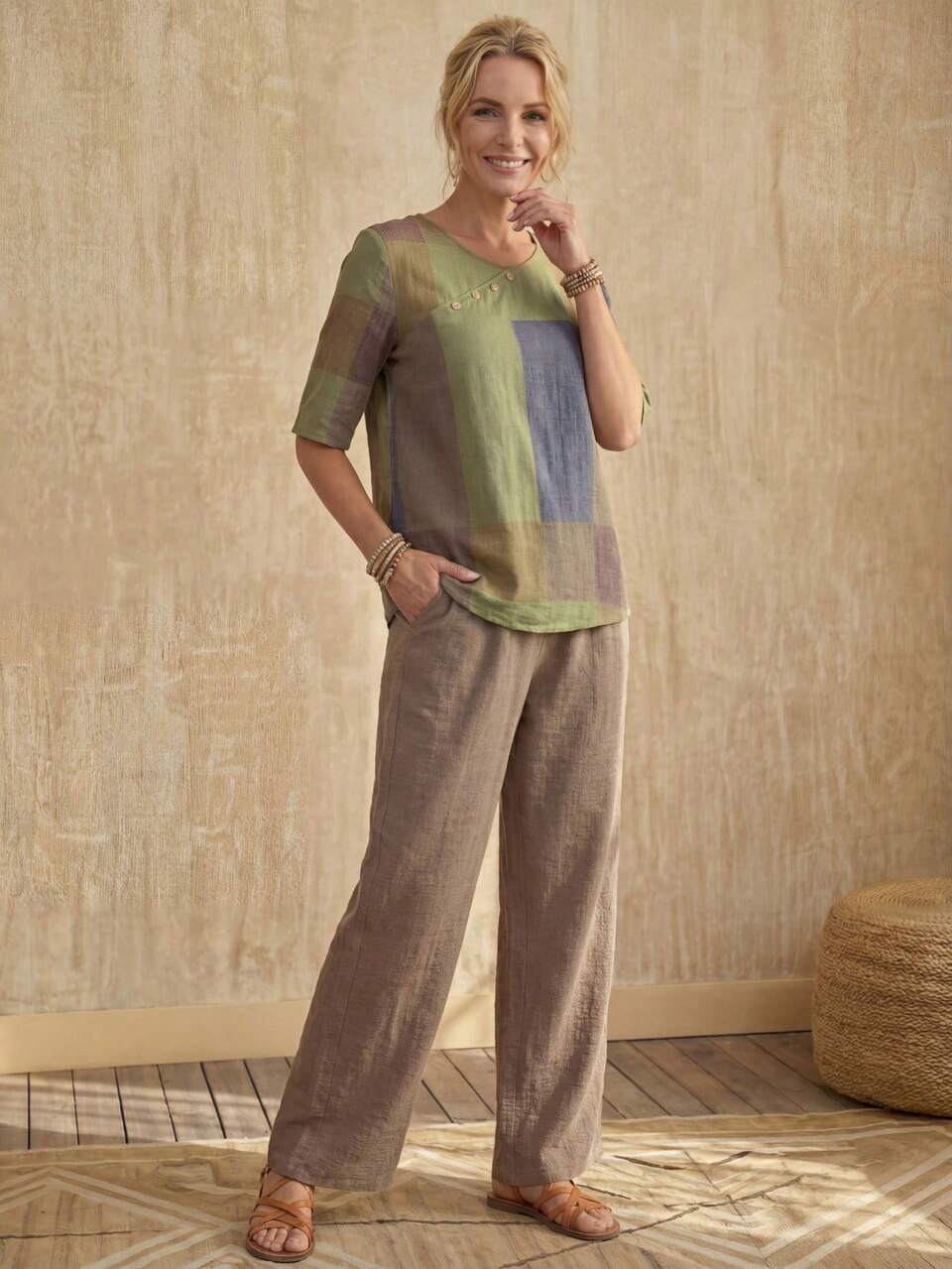 Women's Vacation Casual Colorblock Print Shirt & Long Pants 2 Pieces Set