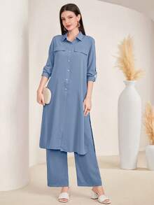 Mulvari Flap Detail Split Hem Shirt & Wide Leg Pants - Dusty Blue - View 7