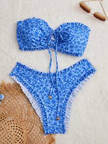 Swim Mod Women's Summer New Sexy Minimalist Floral Print Tie-Up Backless Bikini Set, Suitable For Beach Vacation - Blue - View 4