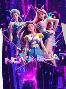 1件少女休闲时尚定制创意清新简约韩流风虚拟女团卡通人物紫色爱心彩色星星图案字母标语印花舒适短袖T恤裙，适合春、夏、秋、冬四季穿着，女孩可爱装扮，少女服装，Y2K风格女孩 - 紫色 - 查看 5