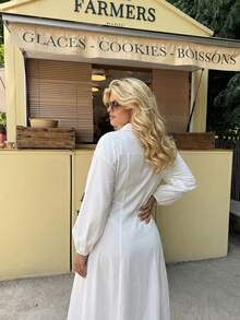 Dripcurv Đầm trắng tay phồng cỡ lớn dành cho nữ, đầm dài đi nghỉ mát, kiểu dáng cổ điển, hoàn hảo cho năm mới hoặc ngày Valentine. Đầm trắng tay dài cỡ lớn, đầm sơ mi, trang phục ngày lễ cho phụ nữ. - trắng - Xem 2