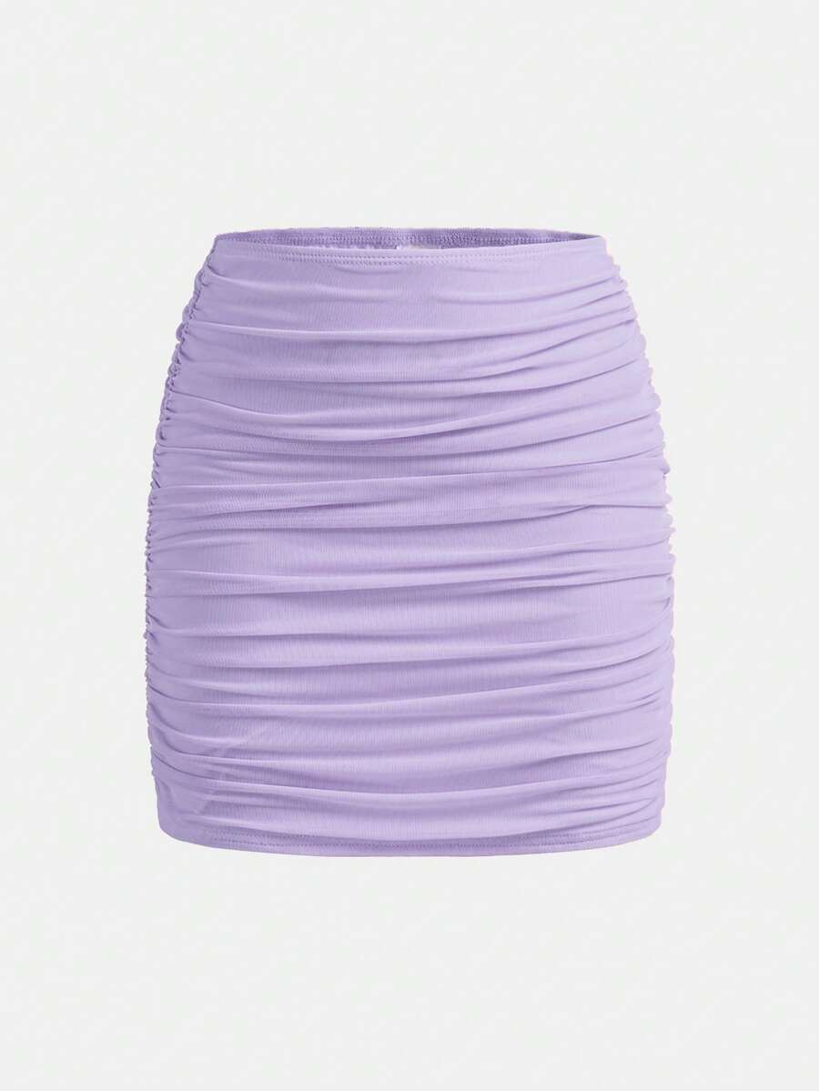 SHEIN Tween Girl Fitted Casual Minimalist Solid Color Side Ruched Short Skirt Tween Girl - Purple - View 1
