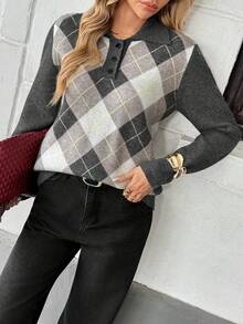 Pariaura Women's Retro Diamond Pattern Polo Collar Casual Pullover Sweater, Chic & Versatile, Suitable For Early Autumn/Winter - Multicolor - View 5