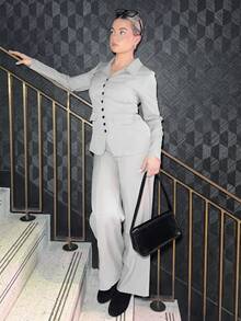 Bethéva Women's Apricot Thick Fabric V-Neck Blazer Design Black Contrast Button Fake Pocket Teacher Uniform Elegant Professional Outfit, Thanksgiving Halloween Atmosphere, Autumn New Arrival Fashion Essential High-End Dignified Long Sleeve Waist Cinched Loose Straight Leg Pants Two Pieces Set - Khaki - View 1