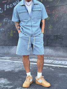 DAZY 男士水洗纹理牛仔休闲西装，春夏款 - 藍色 - 查看 4