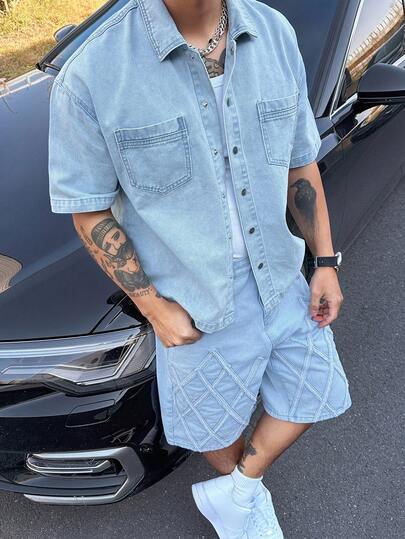 DAZY Traje de mezclilla azul desgastado vintage para hombre, verano