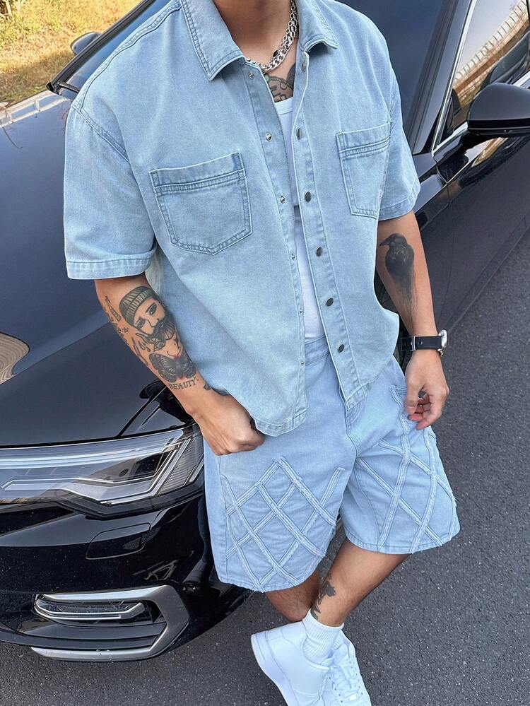 Men's Vintage Washed Blue Denim Suit, Summer