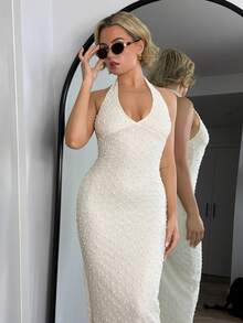 Bethéva 春夏新款浪漫 V 领纹理紧腰修身长裙，优雅约会之夜造型 - 杏色 - 查看 6