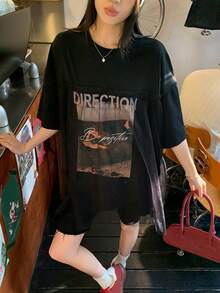 DAZY Women's Round Neck Printed 2 In 1 Korean Style Mesh Patchwork Short Sleeve T-Shirt Graphic Tees Women - Black - View 7