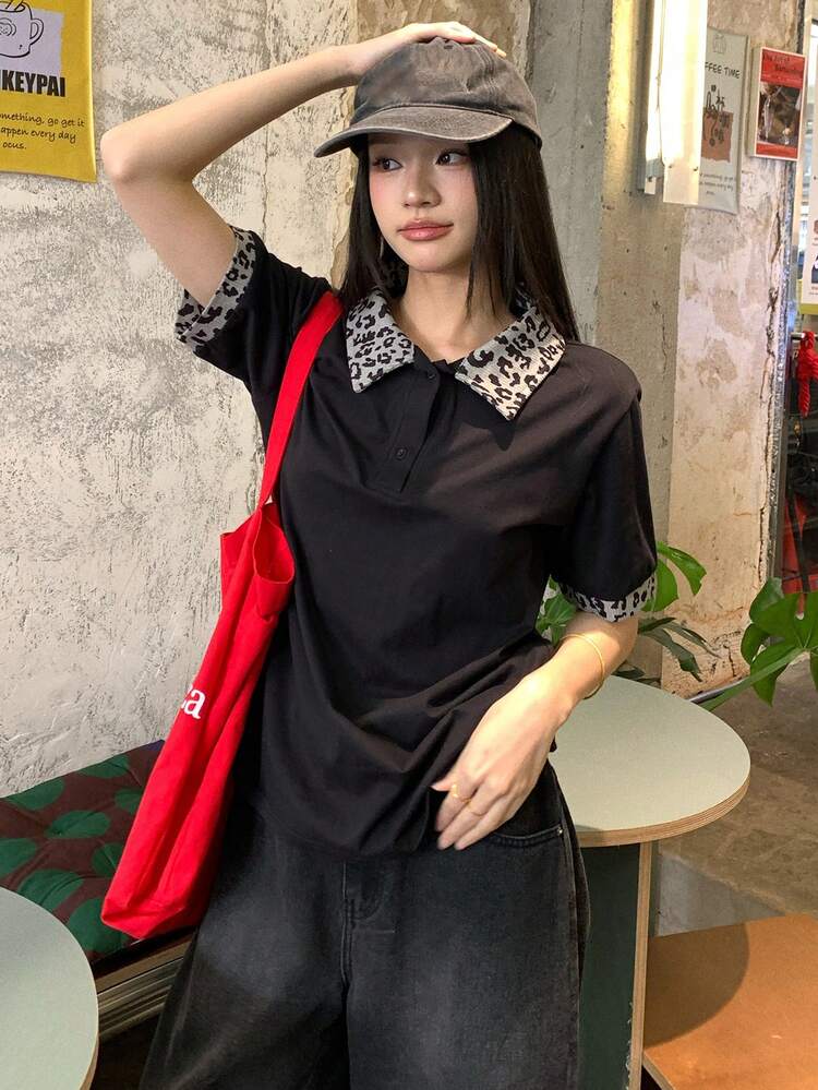 Women's Leopard Print Lapel Short Sleeve Casual T-Shirt