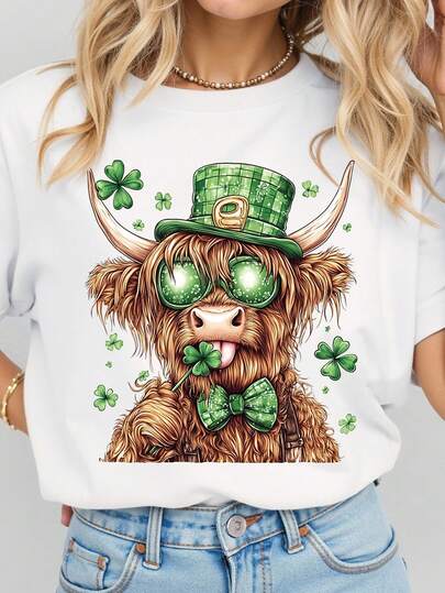 EMERY ROSE 甜美清爽的绿色格子图案帽子，高地草三叶草主题，印花休闲加大码T恤