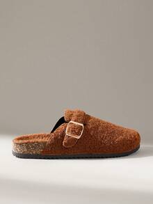 Solecia Women Buckle Design Casual Faux Fur Slip-On Slippers For Christmas - Chocolate Brown - View 1