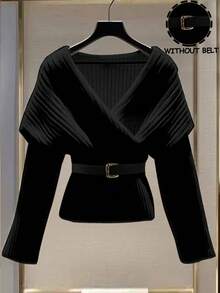 GlowEve Áo thun dài tay thời trang màu trơn dành cho nữ, kiểu dáng chéo. - màu đen - Xem 1