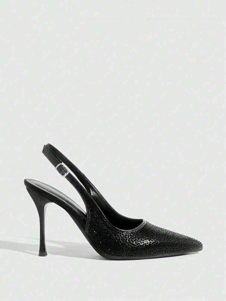 CUCCOO SZL Women Shoes Fashion Pointed Slender Heel Black Rhinestone Slingback Sexy Banquet Party Ladies High Heel Shoes Slingback Shoes Women's Shoes