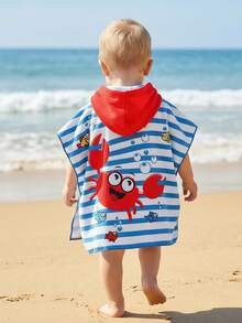 Infant/Toddler Boys' Blue Cartoon Shark Print Hooded Cover Up Towel, Swimwear Cover-Up, Bathrobe, Beach Wrap, Suitable For Swimming, Bath Toddler Beach Cover Up 24 Month Boy Hooded Cover Up Toddler Hooded Cover Up Baby Beach Poncho Crab Design Towel Striped Swim Coverup - Multicolor - View 2