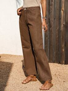 EMERY ROSE Calça jeans feminina casual de corte reto com lavagem vintage - Caqui - Ver 6