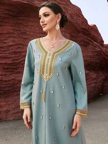 Al Najma Vestido árabe largo de manga larga con bordado y decoración de strass, elegante vestido de fiesta de noche para damas - Neblina azul - Ver 5