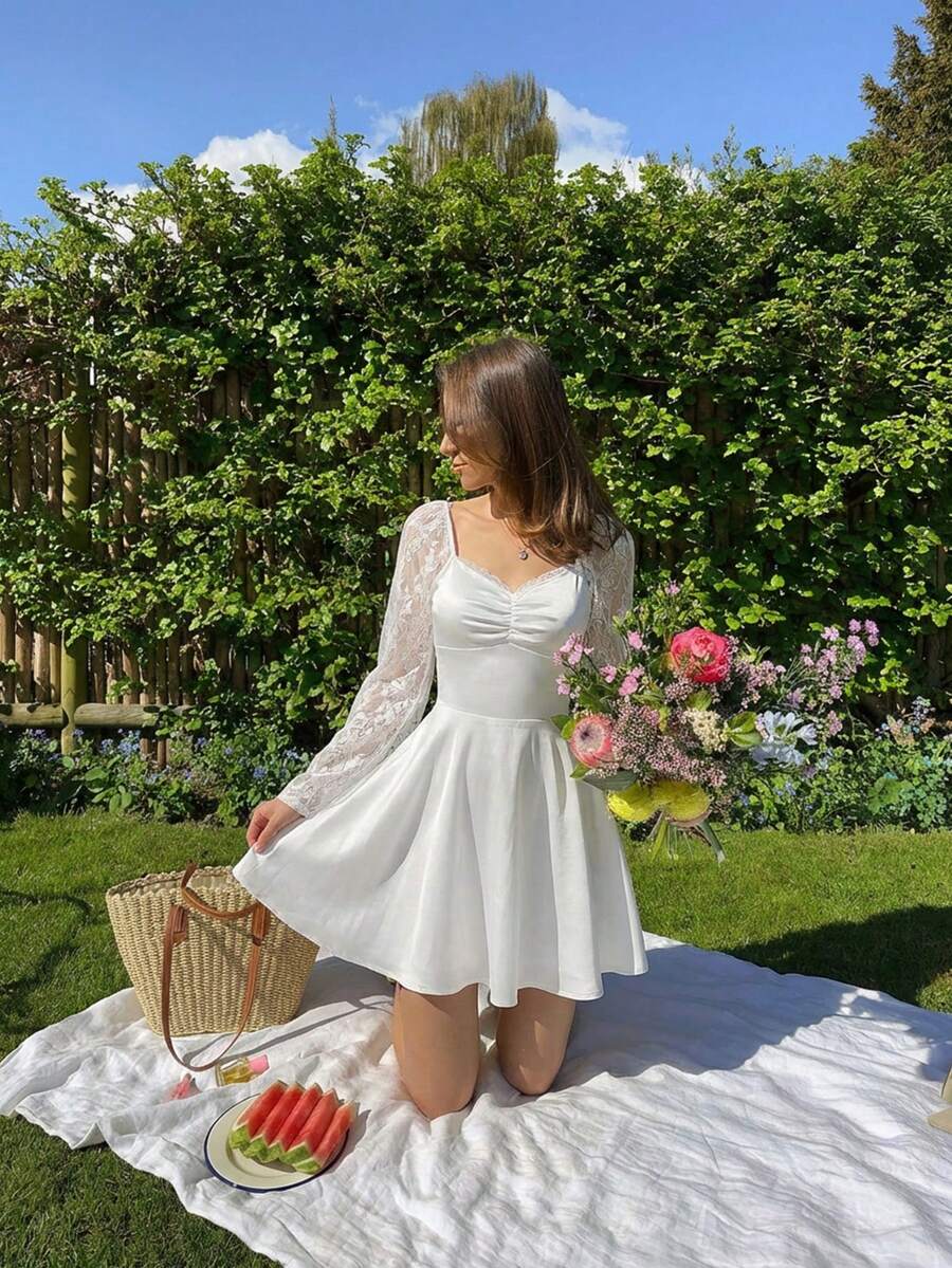 SHEIN MOD Square Neck Ruffle Chest Sheer Lace Flare Sleeve Dress, Valentine's Day,Valentine Outfits For Women,Carnaval,Cocktail Dress,Wedding, Vacation, Afternoon Tea, Everyday Wear Cute White Dress Classy White Dress - White - View 1