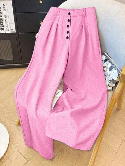 Franclia Plus Size Women's Business/Casual Loose Wide Leg Slimming Long Suit Pants Pleated Wide Leg Pants Women's Pink Pants Button Detail Pants Pink Wide Leg Pants High-Waisted Pants Cute Pants Oversized Pants Pink Pants For Women Women Wide Leg Pants Long Pink Pants Pink Wide-Leg Pants