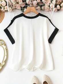 SHEIN LUNE Áo cánh không cổ Color Block cỡ lớn, áo mùa hè đen trắng - Đen và trắng - Xem 2