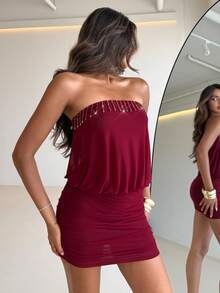Aloruh Burgundy Strapless Dress, Y2K Style Vacation Fringe Decor Burgundy Knit Dress - Burgundy - View 8