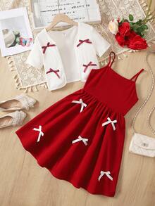 SHEIN Tween Girl Casual Elegant Bow Decor Top And Dress Set, Bow Clothes, - Red and White - View 11