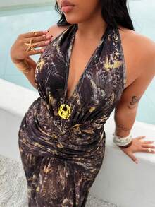 Rustia 性感V领印花修身优雅紧身吊带连衣裙 - 棕色 - 查看 6