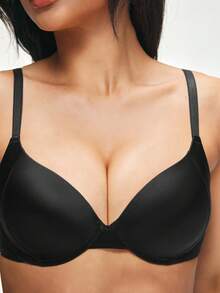 SHAPORA 1pc Black Smooth Underwire Bra With Double Rows Of Buttons, Supportive Cleavage - Black - View 7