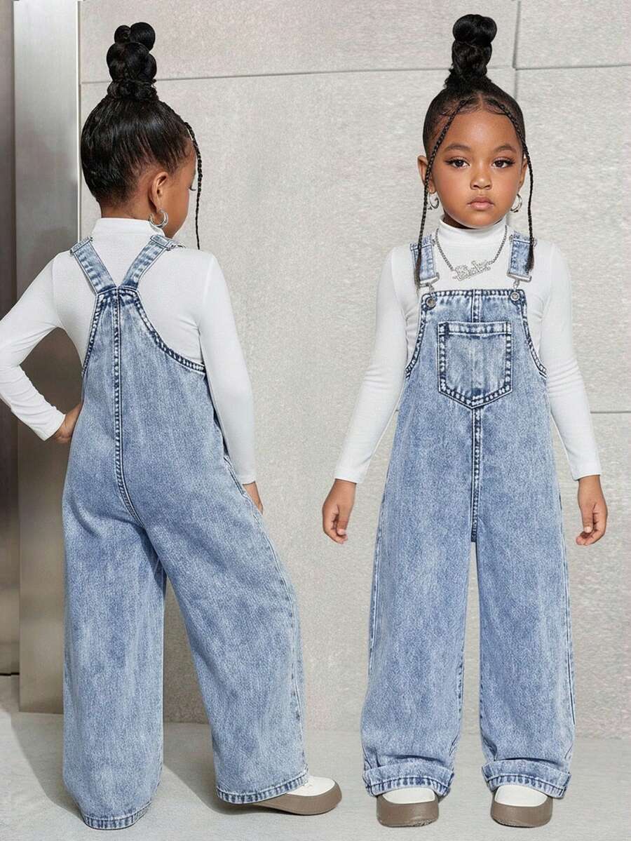 SHEIN Young Girl Casual Loose Fit Wide Leg Denim Bib Pants, Suitable For Spring, Summer, Autumn, Daily Commute & Fashionable Street Style - Light Wash - View 1