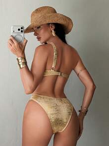 Swim SXY 2026 Spring/Summer Shiny Gold Sexy 2 Pieces Bikini, One-Shoulder Design + Side Hollow Tie-Up, Luxurious Bombshell Style, Eye-Catching Beach Swimwear Set Gold Swimsuit Bikini 2 Piece Set Gold Bikini Set Gold Two Piece Set Two Piece Beach Set Brazilian Bikini Set Boho Bikini Set Gold Bathing Suits For Women - Gold - View 2