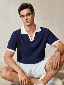 Manfinity Homme Men's Contrast Color Short Sleeve Casual Commuter Knit Top - Navy Blue - View 4