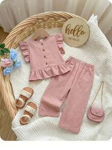 Baby Girls Summer Cute Ruffle Trim Solid Color Elastic Waist Top And Pants Set - Pink - View 7