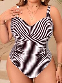 Swim Lushoire Áo tắm liền thân cỡ lớn dành cho nữ, in họa tiết sọc, dây mảnh, xếp ly, thích hợp cho kỳ nghỉ hè ở bãi biển. - Nhiều màu - Xem 6