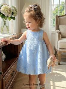 Cozy Pixies Baby Girl Elegant & Cute Summer Jacquard Pattern Blue Loose Flared Hem Dress, Sweet & Charming, Vintage Elegant, Suitable For Spring & Summer, Minimalist Style, Loose Fit, Suitable For Casual Outings, Home Leisure And Casual Gatherings Summer Spring To Summer Vintage - Blue - View 6